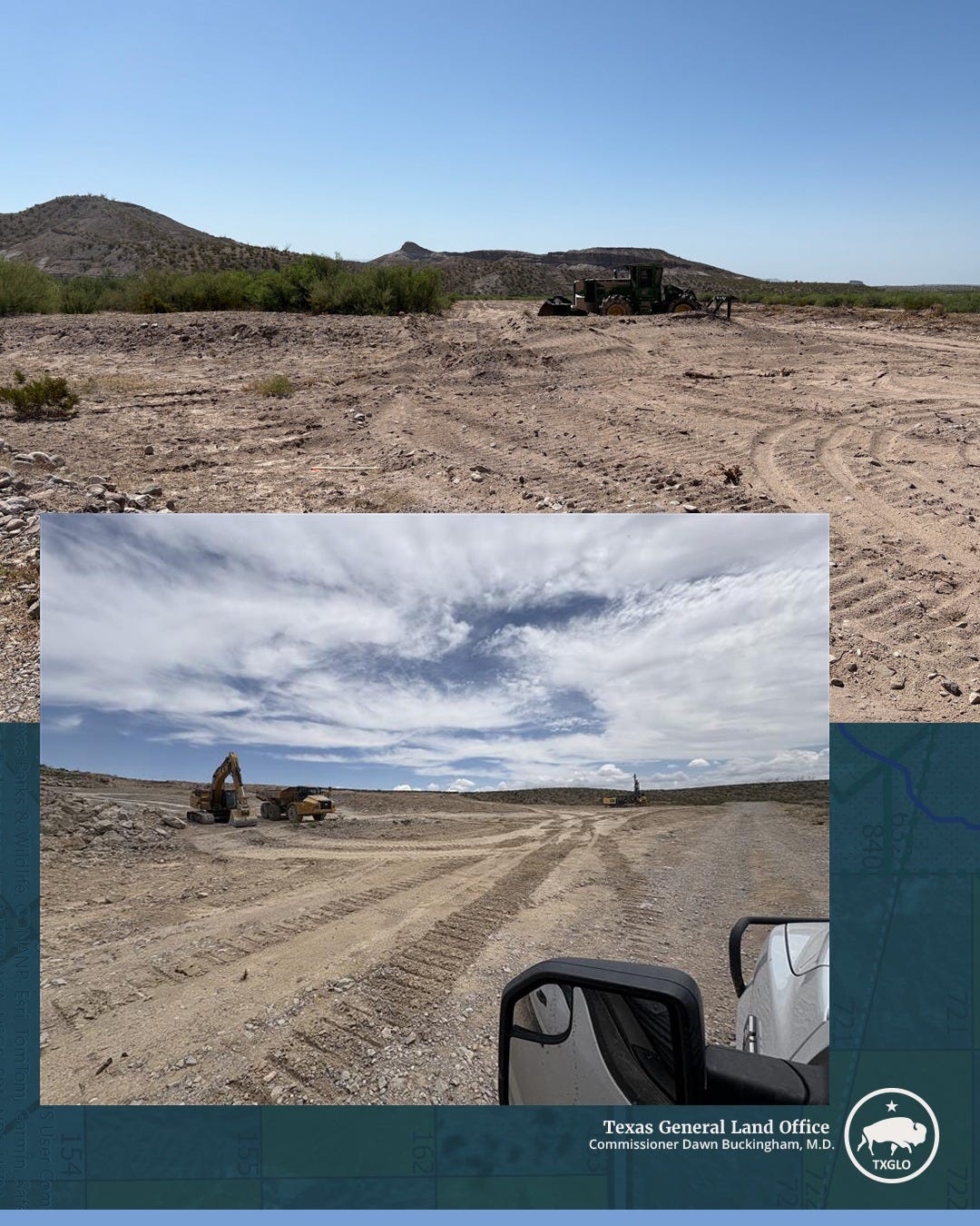 Texas says these photos show that “heavy construction equipment (used) to blade the terrain and remove all vegetation in its path” has done “extensive damage … to these state lands.” (Texas General Land Office photos & graphic) Texas says these photos show that “heavy construction equipment (used) to blade the terrain and remove all vegetation in its path” has done “extensive damage … to these state lands.” (Texas General Land Office photos & graphic)