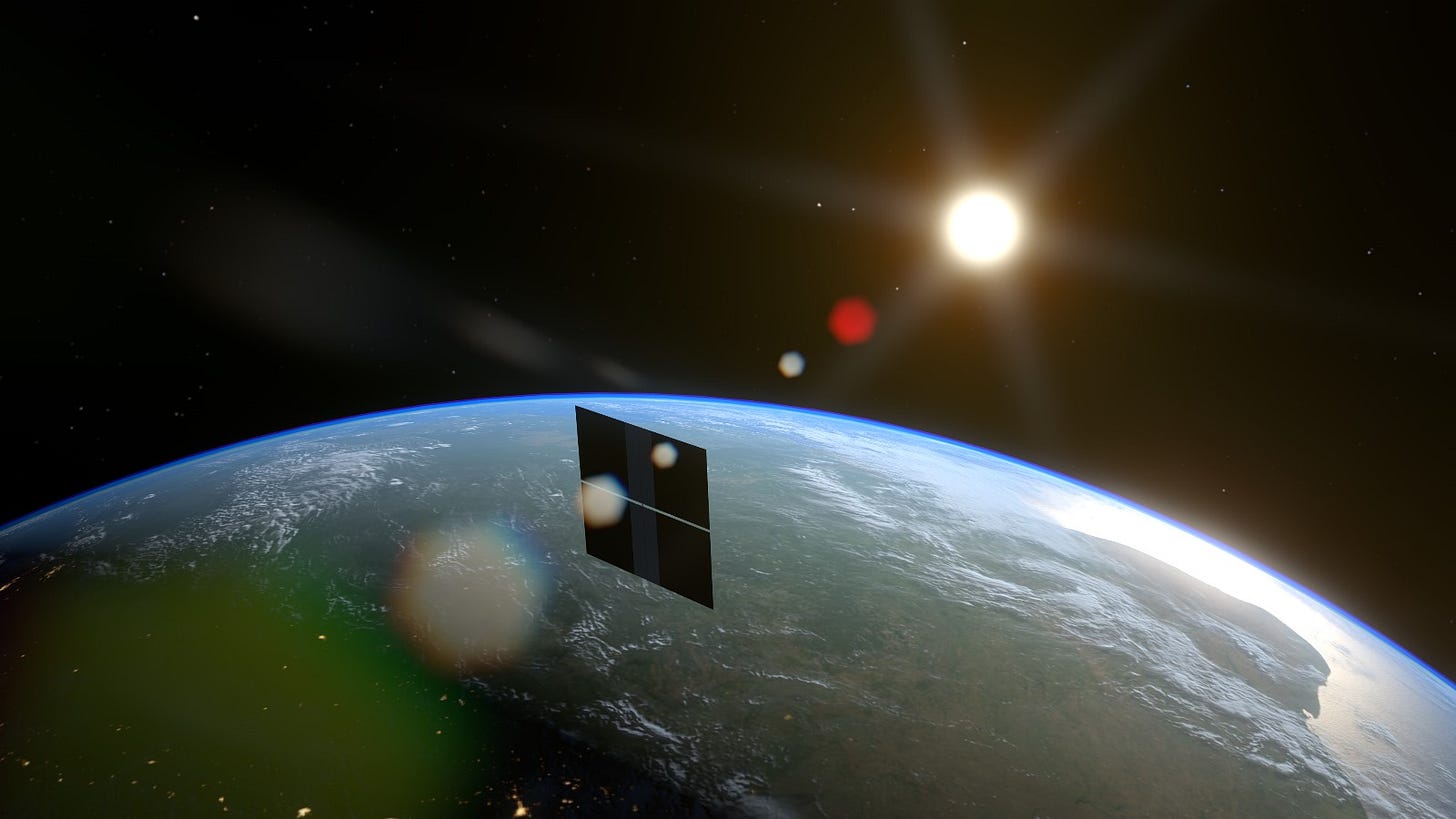 A rendering of Starcloud’s satellite orbiting the terminator line — the line between night and day.