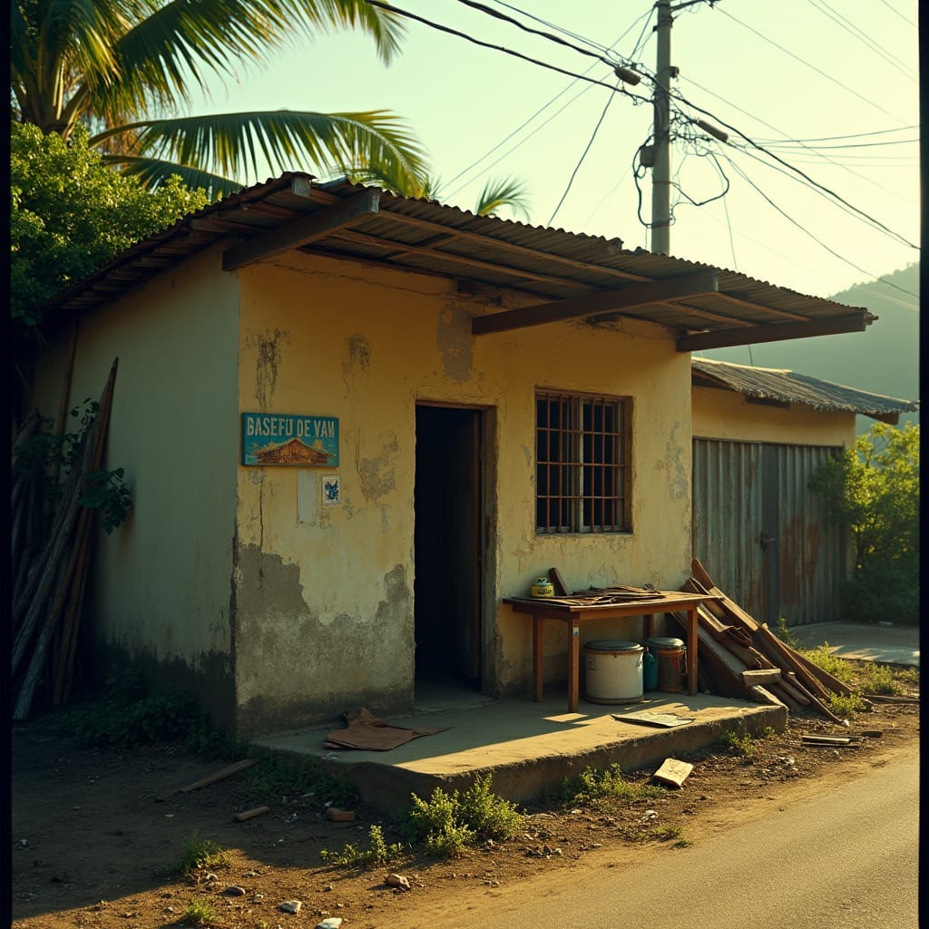 A humble plywood home with a zinc market stall, set against the rustic backdrop of a Jamaican roadside, with scattered bits of wood and lush tropical foliage. The warm, golden light of the Caribbean sun casts long shadows, accentuating the textures of the weathered wood and rusty zinc. 