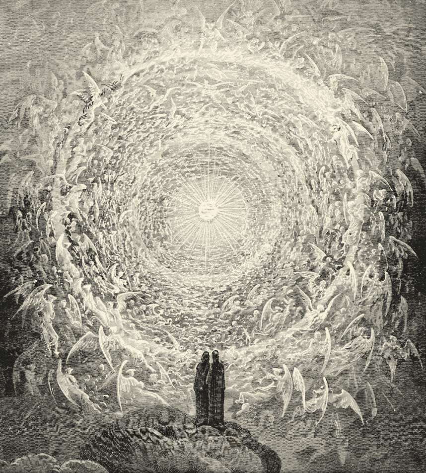 two human figures on a cloud, above them myriads of myriads and thousands of thousands of angelic figures in concentric circles that vanish from sight around an indistict central light source