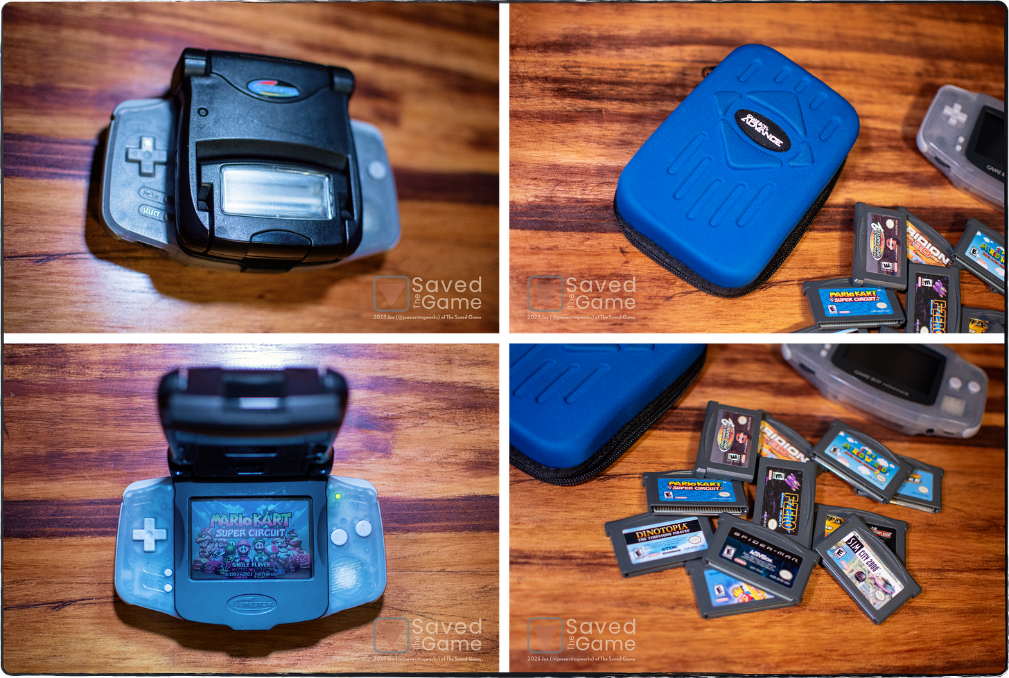 A collage of images showing an external light for the game boy advance, a carrying case, and a collection of games!