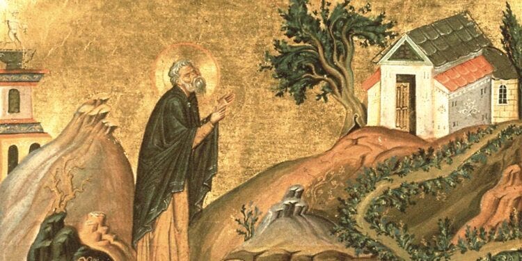 Icon of St. Isidore the Desert Father praying outside his ascetic cell in the Egyptian wilderness, surrounded by bare hills and battle-scarred earth. His aged, disciplined body and focused gaze show a life forged by prayer, suffering, and vigilance. Formation or nothing—the Catholic desert tradition stands unbroken.