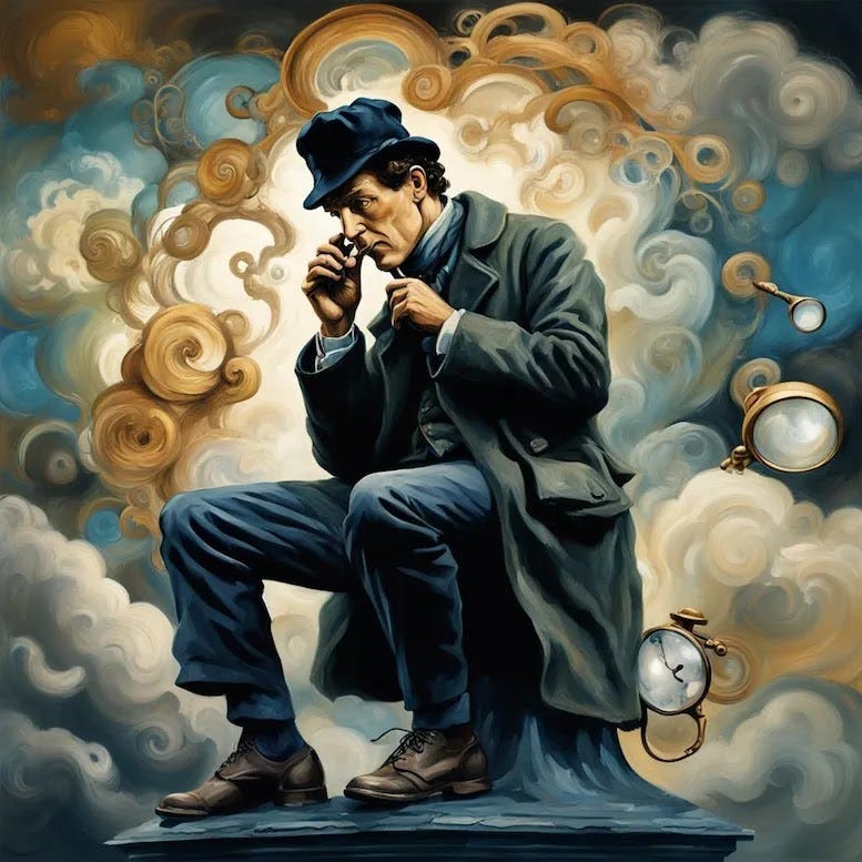 A painting of Sherlock Holmes in a thinking pose, similar to Rodin's "The Thinker" statue. He wears a deerstalker hat and holds a magnifying glass. Swirling clouds with images and symbols representing thoughts and connections surround him.
