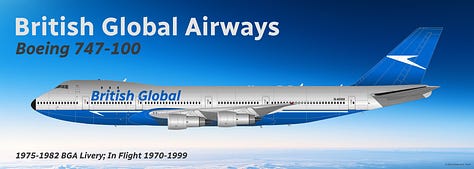 PLACEHOLDER: Boeing 747-100 in (1) classic 1946-1975 livery of British Empire Airways Corporation (BEAC) livery; (2) a 747-100 in 1975-1982 livery of its successor, British Global Airways (BGA); and 3) a 747-100B with Rolls-Royce engines in 1982-1999 livery of AirUK, the current generation version of the carrier..