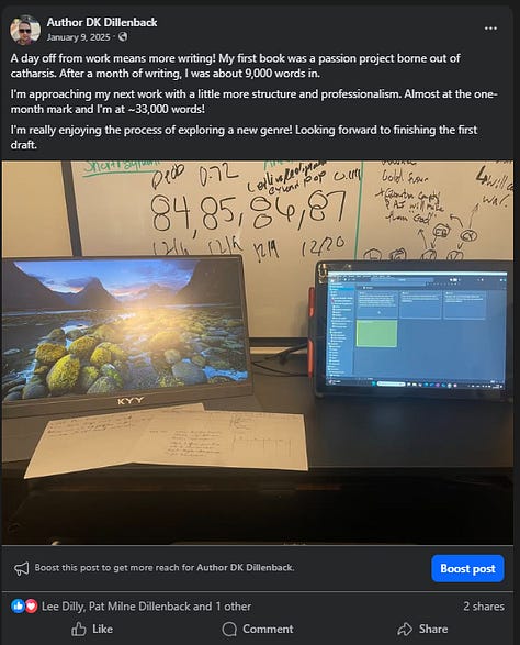 Screenshots of facebook posts that highlight progress made on the initial manuscript.
