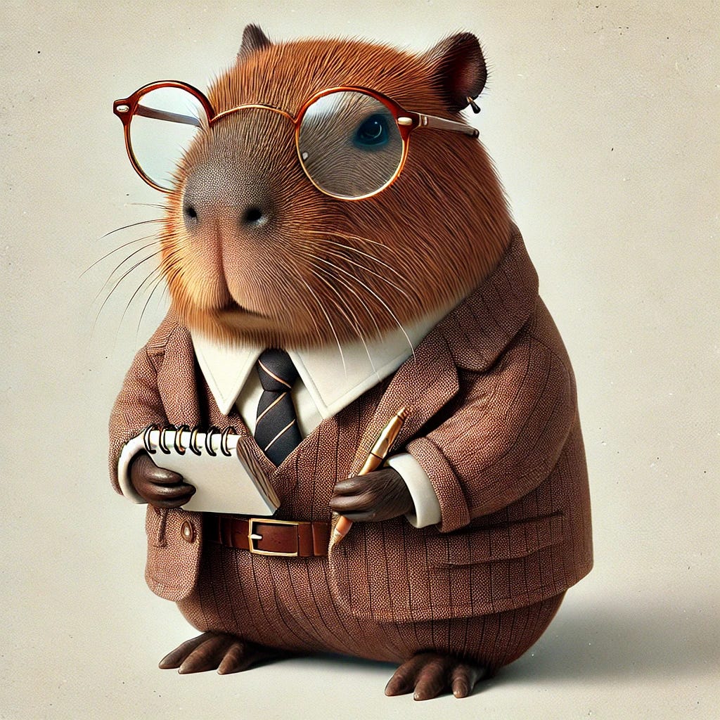 A chubby capybara dressed in a vintage suit, resembling an old-school reporter. The capybara wears a classic brown blazer, a white dress shirt, and a loosely tied tie, giving it a cool, laid-back look. It holds a small notepad and pen, ready to jot down notes like a true journalist. The capybara is rounder and more plump, adding a charming and endearing touch. It wears clear-lens glasses with a blue rim, adding a touch of sophistication. The background is plain and minimal, with no additional elements.