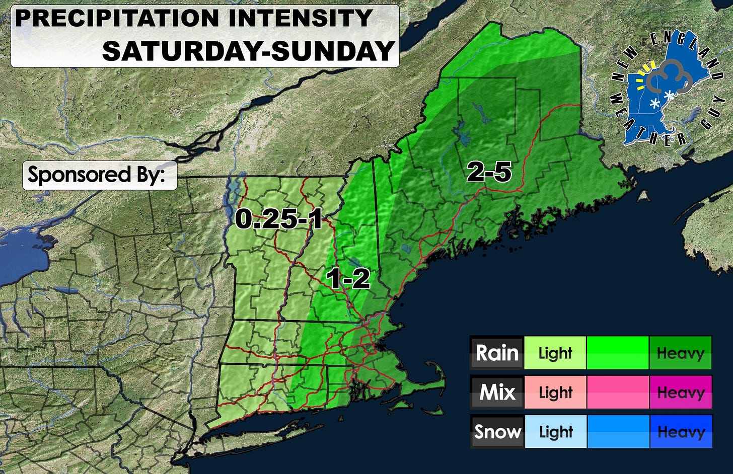 May be an image of map and text that says 'PRECIPITATION INTENSITY SATURDAY-SUNDAY Sponsored By: 2-5 0.25-1 1-2 Rain Light Heavy Mix Light Heavy Snow Light Heavy'