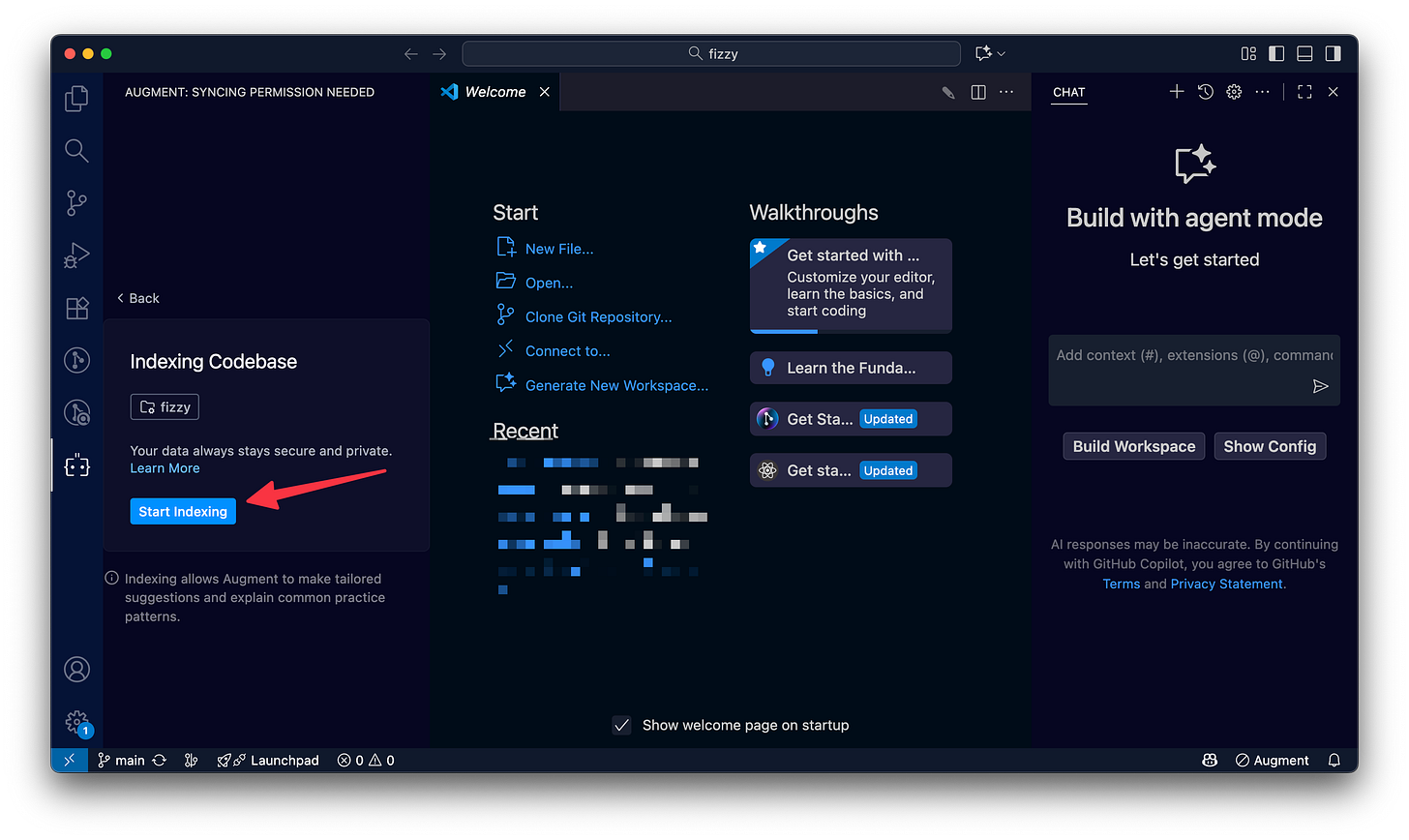 VS Code showing the Augment extension requesting access to index VS Code showing the Augment extension requesting access to index
