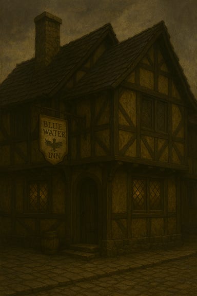 The exterior of the Blue Water Inn in Vallaki, a rustic two-story building with a steep shingled roof and timber-framed walls. The structure is weathered but sturdy, with ivy creeping up one side and lanterns glowing warmly by the door. A wooden sign hangs above the entrance, carved with a stylized blue water droplet. Smoke curls from the chimney, and ravens perch along the rooftop. The cobbled street outside is damp with mist, and the surrounding buildings are shadowed and quiet. The sky is overcast, casting a silvery gloom over the scene.