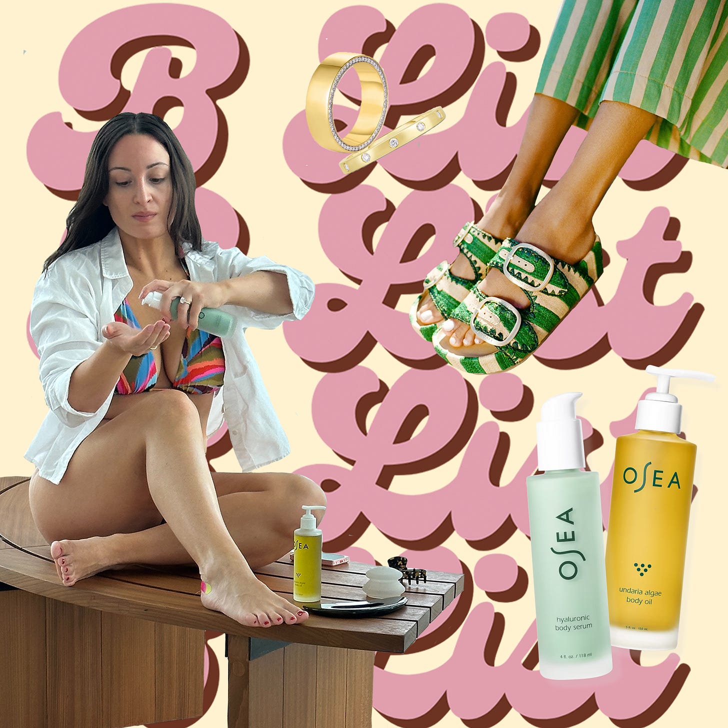 Bella applying Osea products; Ring Concierge rings; Loeffler Randall sandals