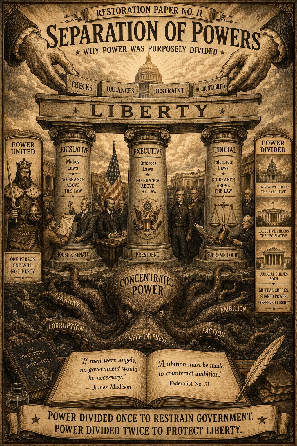 Sepia-toned vintage engraving-style illustration titled “Restoration Paper No. 11: Separation of Powers – Why Power Was Purposely Divided.” Three massive stone pillars labeled Legislative, Executive, and Judicial support a large stone beam labeled “Liberty.” Above, giant Founding-era hands place blocks labeled Checks, Balances, Restraint, and Accountability between the pillars. Beneath the structure, a giant octopus-like creature labeled “Concentrated Power” reaches upward with tentacles marked Tyranny, Corruption, Self-Interest, Faction, and Ambition, but is held back by the pillars. Side panels contrast “Power United,” depicted by a king holding law and crown, with “Power Divided,” showing the branches checking one another. At the bottom, an open book displays quotes from James Madison: “If men were angels, no government would be necessary” and “Ambition must be made to counteract ambition.” A banner reads: “Power Divided Once to Restrain Government. Power Divided Twice to Protect Liberty.” Sepia-toned vintage engraving-style illustration titled “Restoration Paper No. 11: Separation of Powers – Why Power Was Purposely Divided.” Three massive stone pillars labeled Legislative, Executive, and Judicial support a large stone beam labeled “Liberty.” Above, giant Founding-era hands place blocks labeled Checks, Balances, Restraint, and Accountability between the pillars. Beneath the structure, a giant octopus-like creature labeled “Concentrated Power” reaches upward with tentacles marked Tyranny, Corruption, Self-Interest, Faction, and Ambition, but is held back by the pillars. Side panels contrast “Power United,” depicted by a king holding law and crown, with “Power Divided,” showing the branches checking one another. At the bottom, an open book displays quotes from James Madison: “If men were angels, no government would be necessary” and “Ambition must be made to counteract ambition.” A banner reads: “Power Divided Once to Restrain Government. Power Divided Twice to Protect Liberty.”