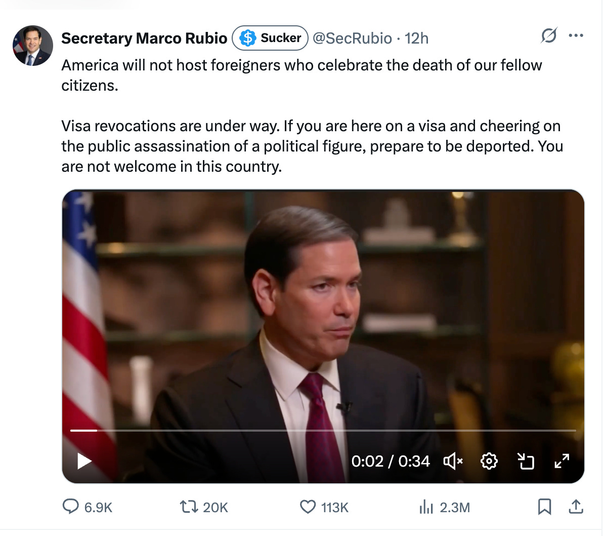 America will not host foreigners who celebrate the death of our fellow citizens.   Visa revocations are under way. If you are here on a visa and cheering on the public assassination of a political figure, prepare to be deported. You are not welcome in this country.