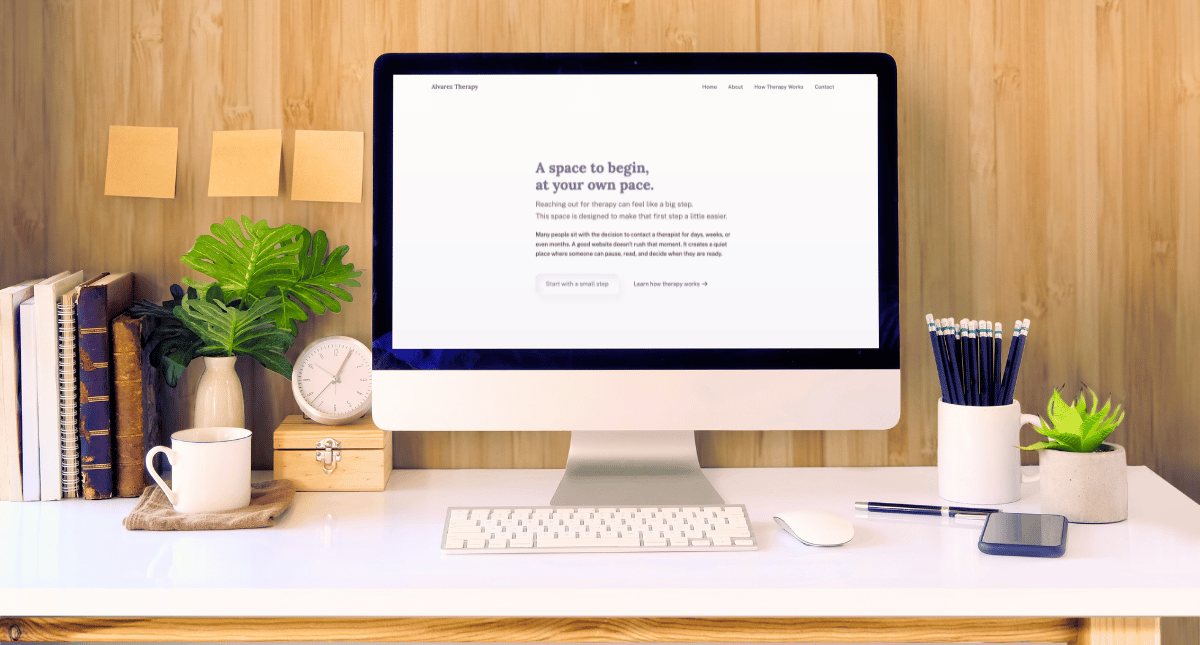 Desktop computer showcasing Therajava's concept piece for a therapist website Desktop computer showcasing Therajava's concept piece for a therapist website