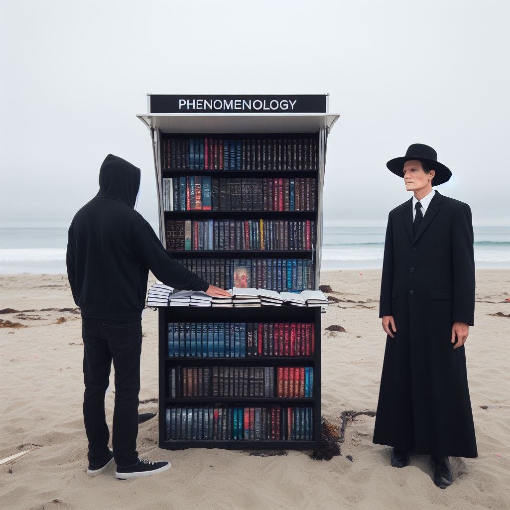 Crie uma imagem de uma pessoa parada ao lado de um estande cheio de livros, como fazem os Testemunhas de Jeová. A pessoa se veste de preto e está ao lado do estande em uma praia, em um dia cinzento. No alto da estante está escrito "FENOMENOLOGIA".