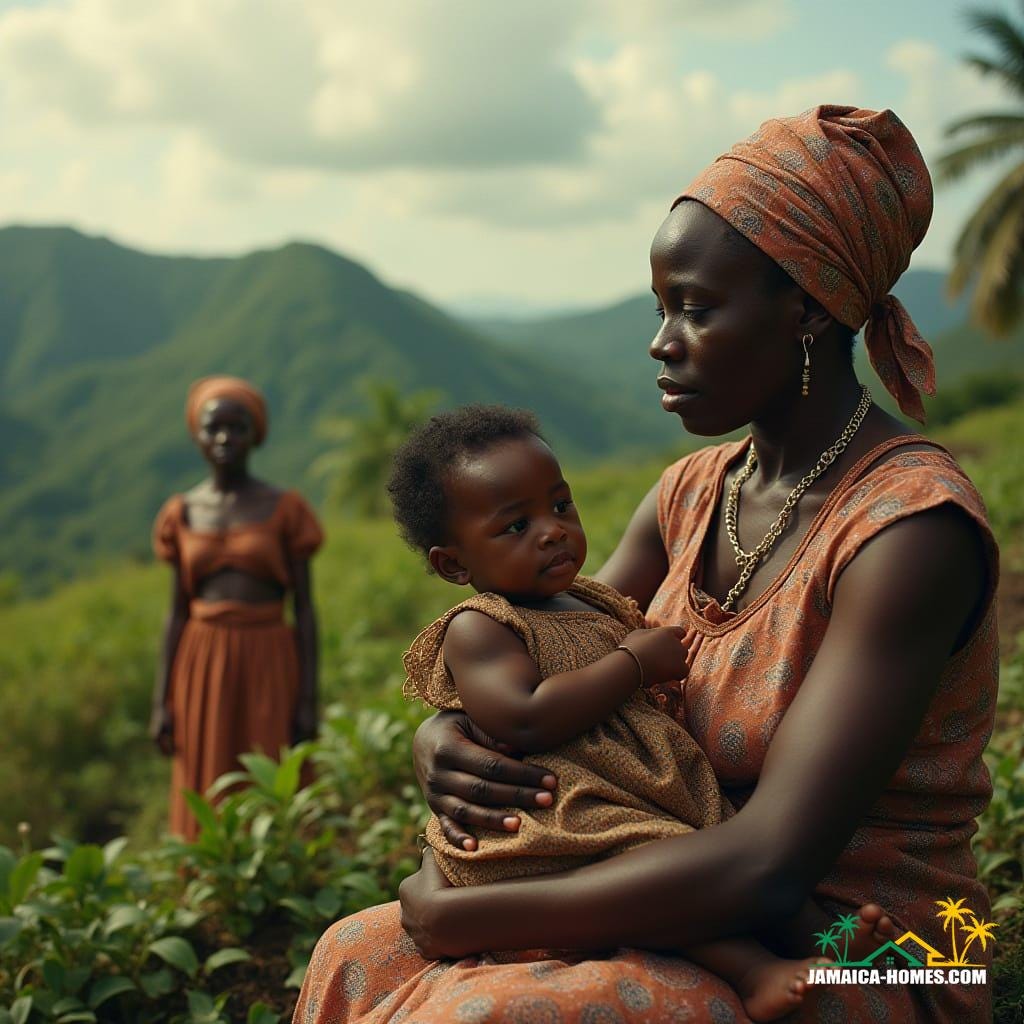  A panoramic, cinematic film still collage depicting Jamaican mothers across history. A Taíno mother farms, an 18th-century Maroon mother rests in lush mountains, a granny-midwife attends to a newborn, and a modern urban mother embraces her child. Historically accurate clothing is worn by each figure. The scene blends seamlessly, bathed in warm, cinematic lighting with subtle film grain and a soft vignette. Shot on v-raptor XL with a 35mm film aesthetic, color-graded for an atmospheric, inspiring, and epic masterpiece.