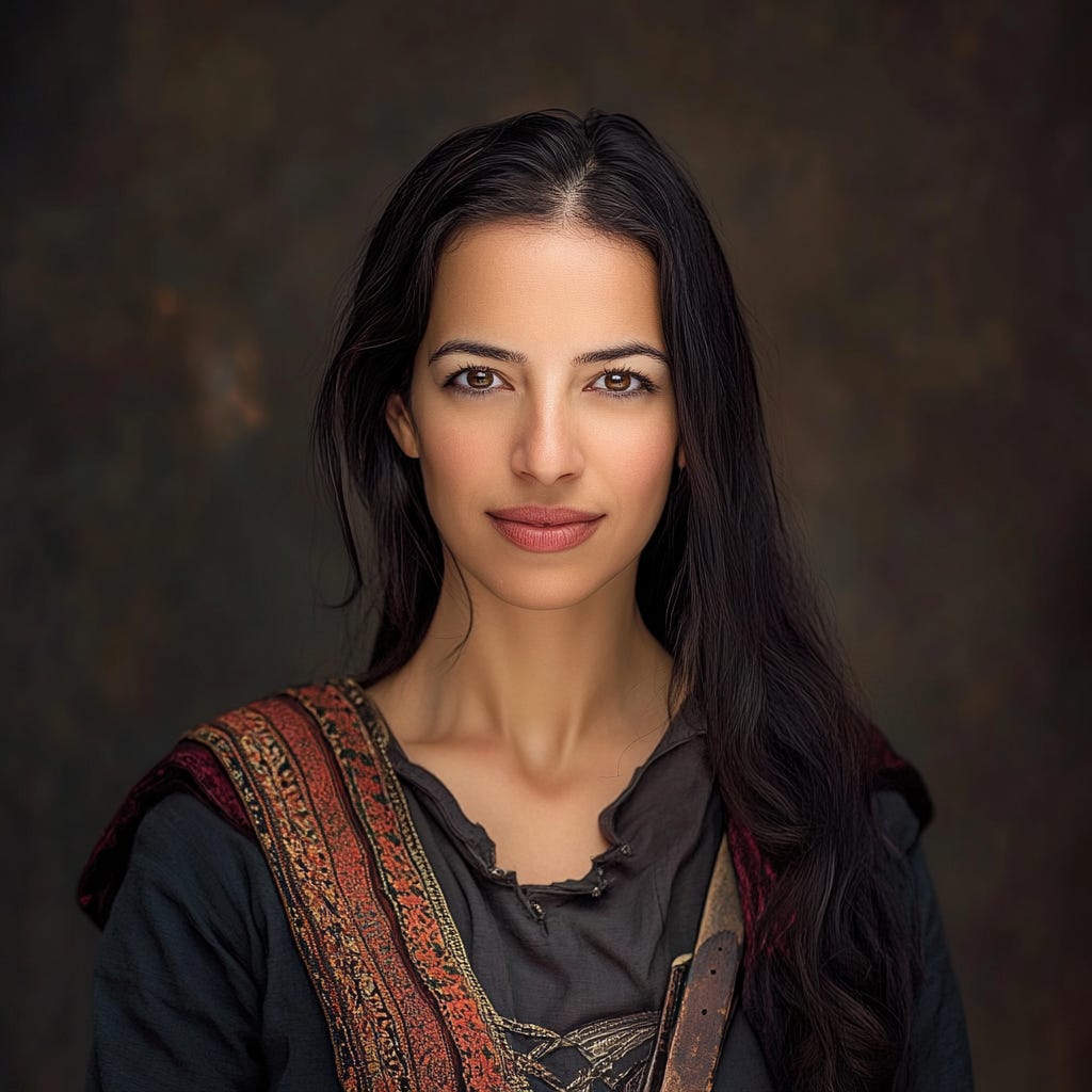 Liat Portal, reimagined by MidJourney. A portrait featuring long dark hair, deep brown eyes, and a confident expression. She is wearing an intricately patterned shawl over a dark top, with warm lighting highlighting her features against a softly blurred background.