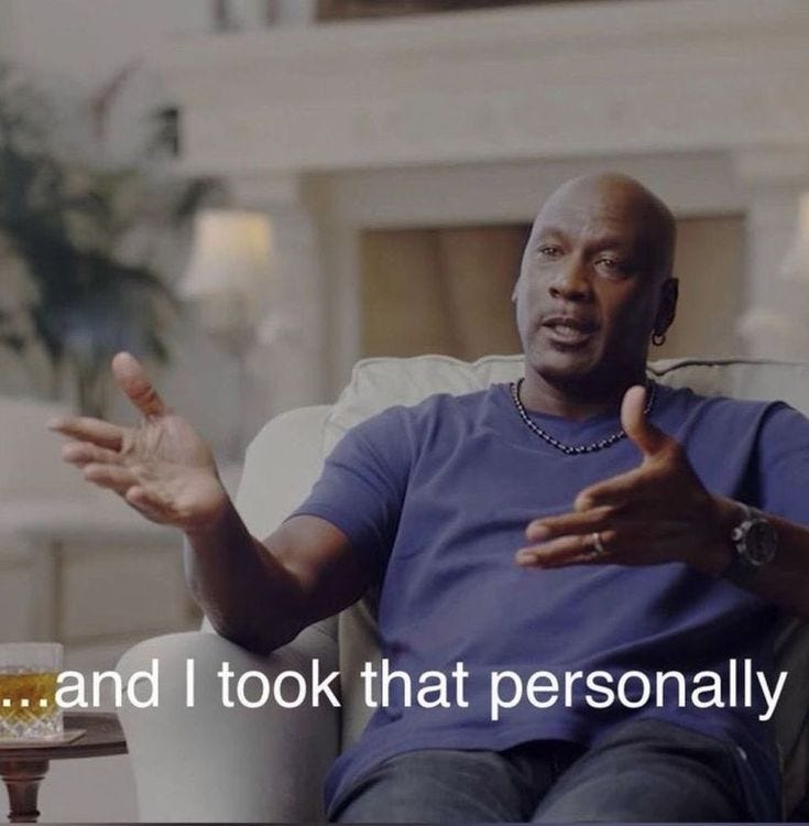 This may contain: a man is sitting in a chair with his hands out and the words i am not okay