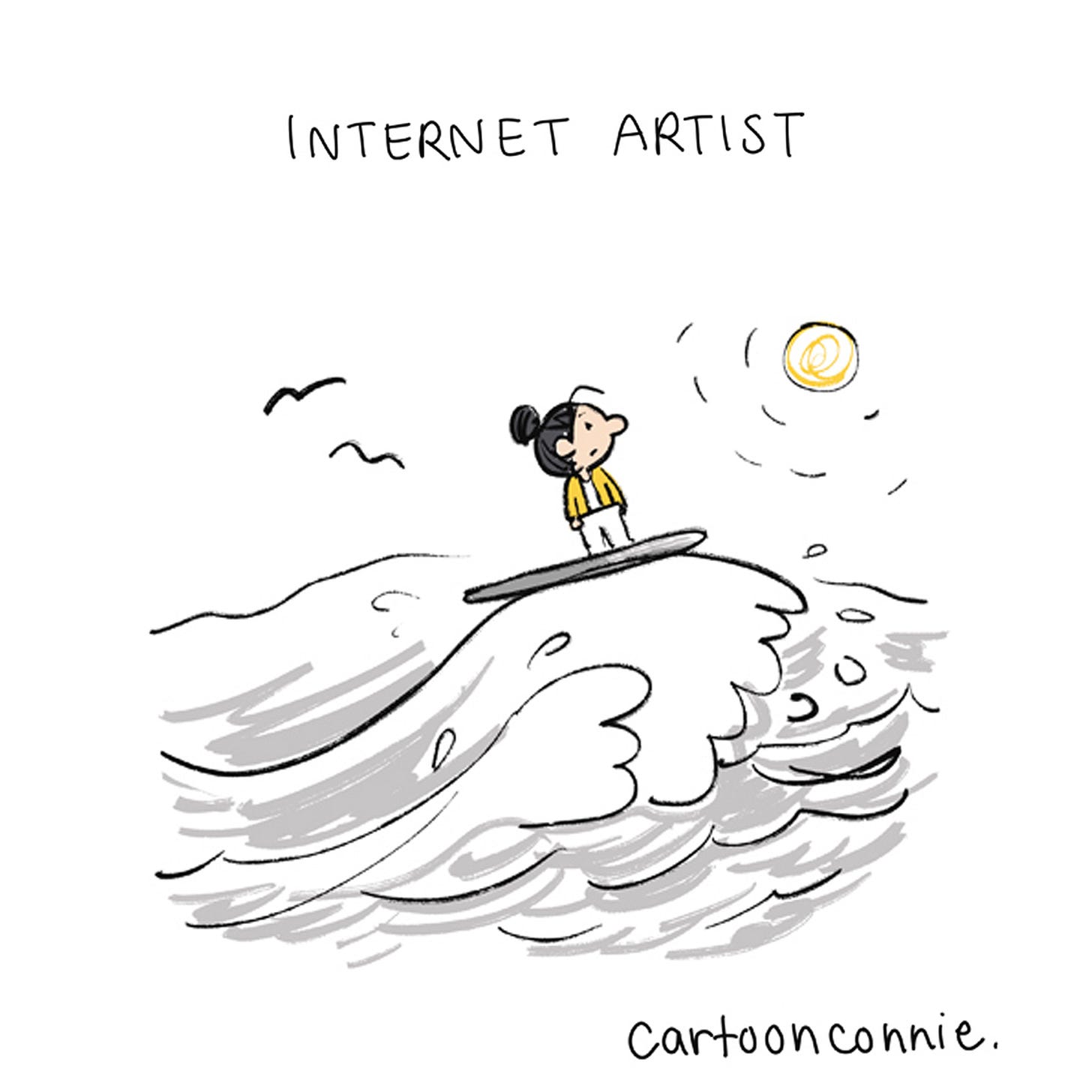 Title illustration of a 2-page comic strip about an artist's relationship with the internet and social media over decades of making art online. Titled "Internet Artist," 2026, original art by Connie Sun, cartoonconnie. Title illustration of a 2-page comic strip about an artist's relationship with the internet and social media over decades of making art online. Titled "Internet Artist," 2026, original art by Connie Sun, cartoonconnie.