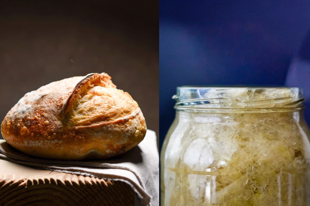 Split image showing a crusty sourdough loaf on a wooden board beside a glass jar of fermented sauerkraut, highlighting how fermentation feeds bread and preserves vegetables.