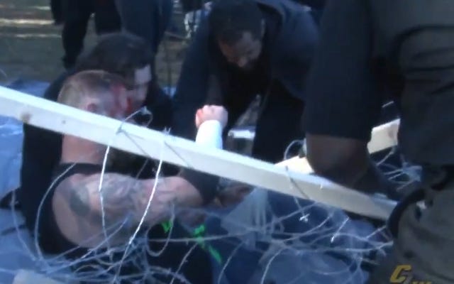 [Screenshot: Beverly in the remains of a barbed wire contraption]