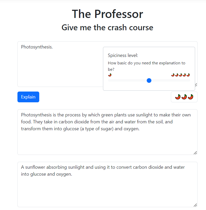An explanation (top text box) and example (bottom text box) of the scientific concept of photosynthesis; the chili pepper interactive sliding scale is also shown. An explanation (top text box) and example (bottom text box) of the scientific concept of photosynthesis; the chili pepper interactive sliding scale is also shown.