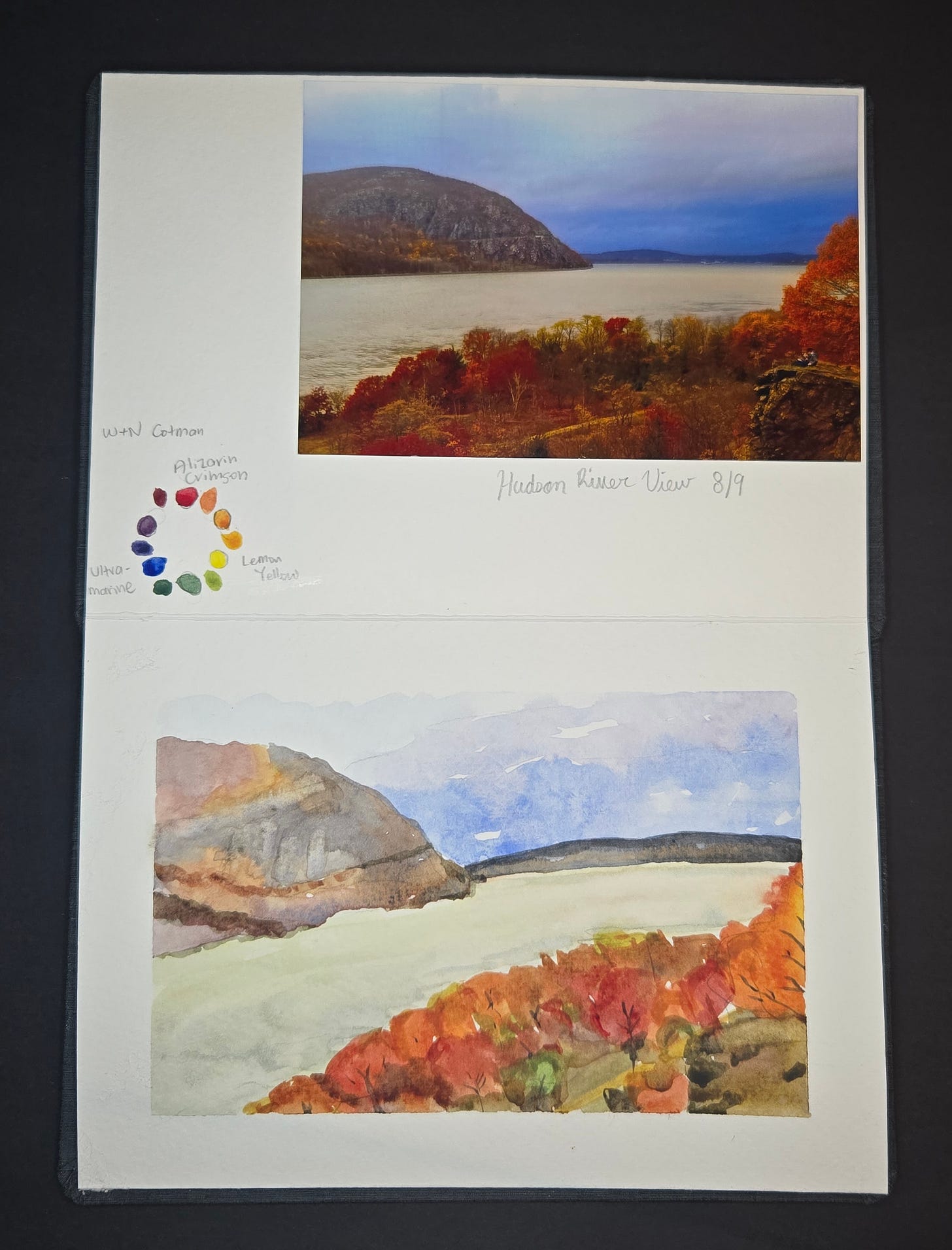 Hudson River autumn landscape watercolor with bold red and orange trees against gray cliffs, painted with alizarin crimson, lemon yellow, and ultramarine.