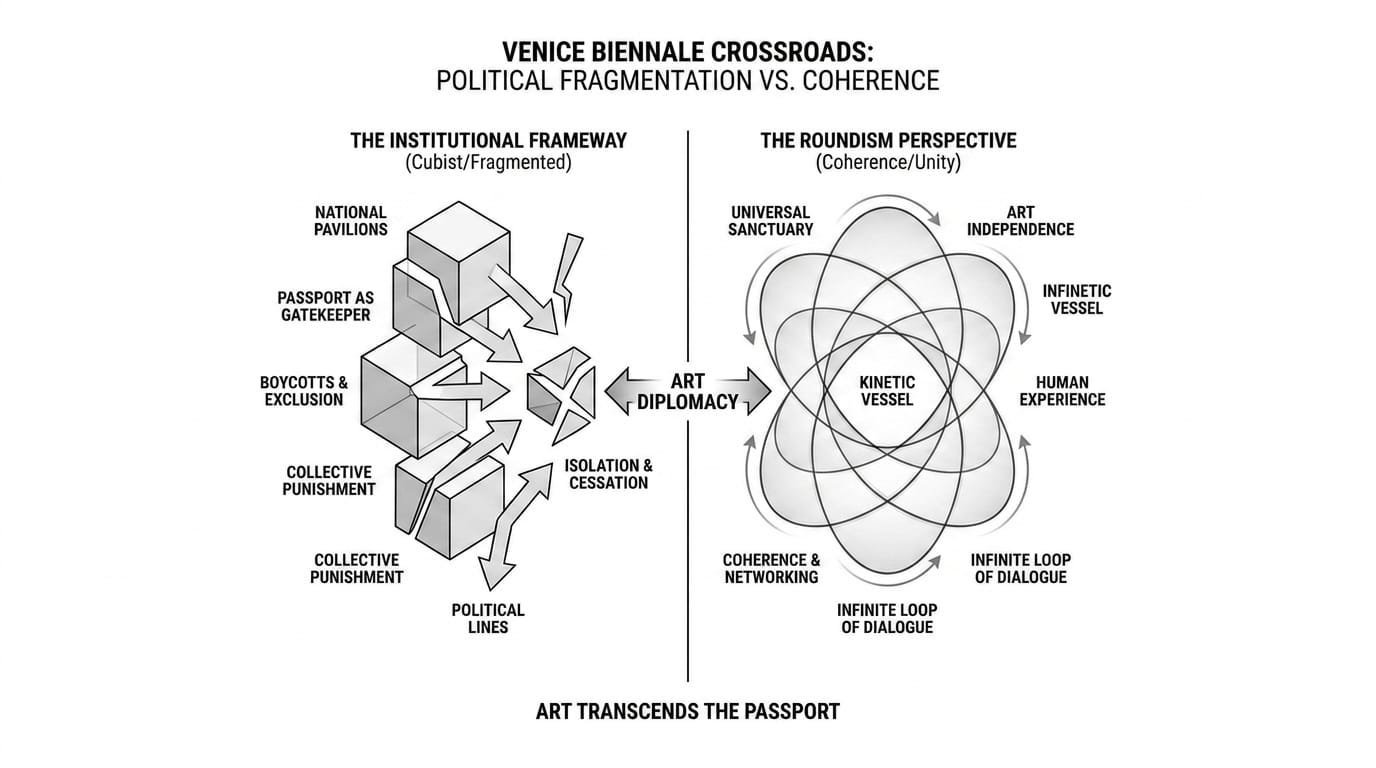 A conceptual diagram titled "Venice Biennale Crossroads" contrasting the politically fragmented "Institutional Framework," depicted as a fracturing cube, against the unified "Roundism Perspective," depicted as a continuous loop of overlapping circles.