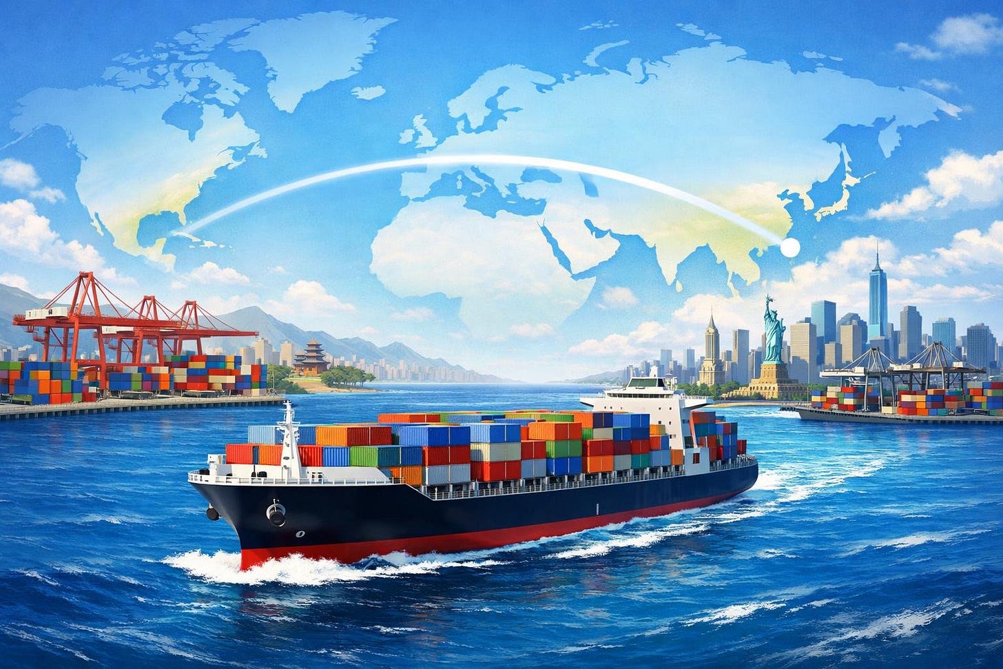 A cargo ship sailing across the ocean between ports representing Tianjin and New York, with a world map showing the shipping route.