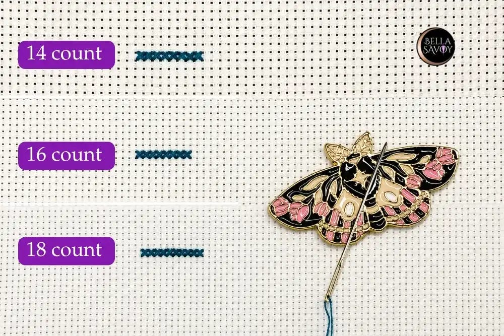 Comparison of cross stitch stitches on 14, 16, and 18 count Aida fabric, showing how the same stitches appear smaller and more compact on higher-count fabric, with a moth needle minder.