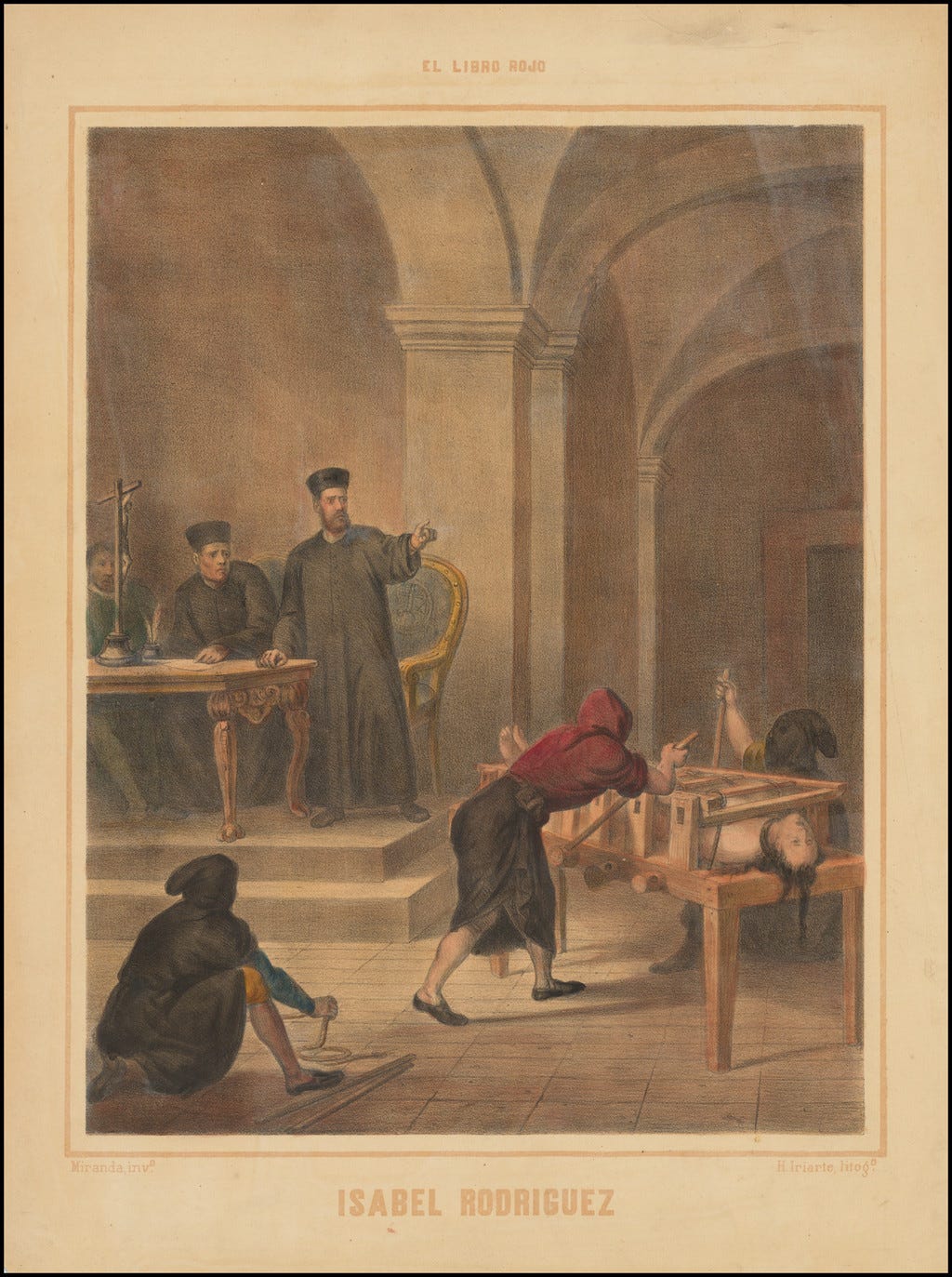Lithografie van de marteling van Isabel Rodríguez uit El Libro Rojo, 1870 Lithografie van de marteling van Isabel Rodríguez uit El Libro Rojo, 1870