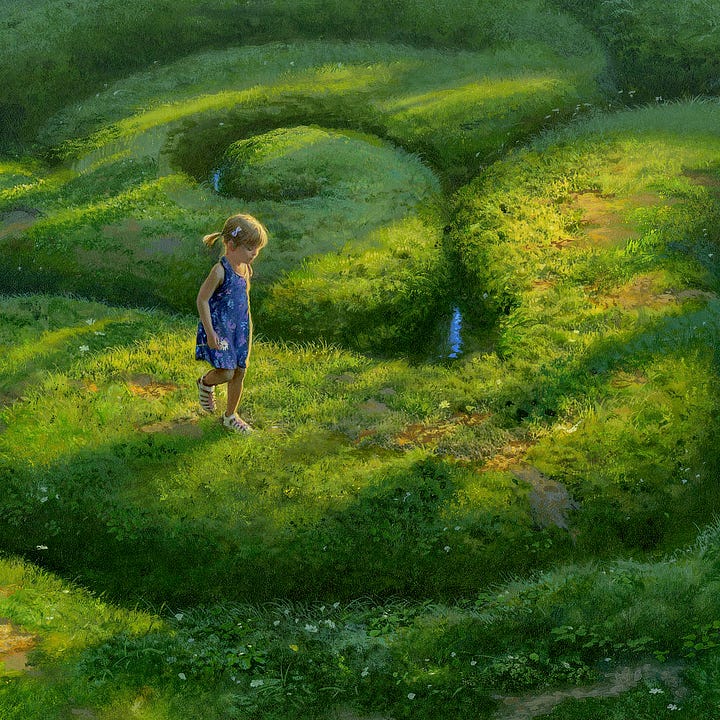 LEFT: Detail from PATH featuring a young girl in blue sundress taking a step on a raised grassy path in what appears to be a gently flowing maze. She absently holds a daisy at her side. Just past her, another path ends in a swirl with water filling recess between tracks, reflecting the sky in a wavy blue line.  RIGHT: Figure detail from PATH featuring a young girl in a blue sundress. The warmth of the sun highlights her as she takes a step on a grassy path. Her blonde hair is tied back in pigtails with a small white bow at the side. She absently holds a daisy at her side. Looking down, it appears her eyes are closed. 