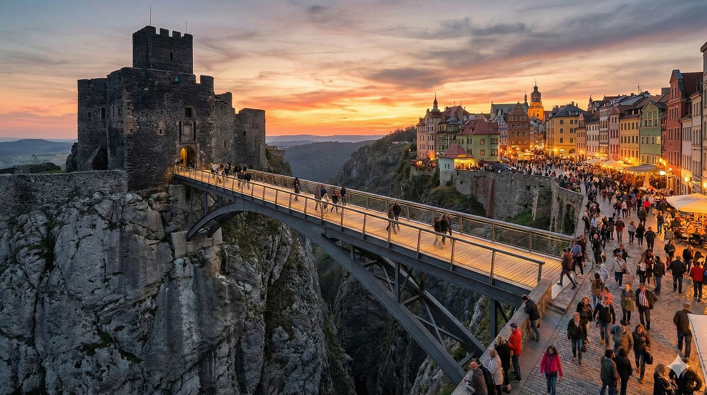 An illustration of a bridge connecting a gray, isolated fortress to a colorful, vibrant crowd of people, representing the connection between newsrooms and communities. An illustration of a bridge connecting a gray, isolated fortress to a colorful, vibrant crowd of people, representing the connection between newsrooms and communities.