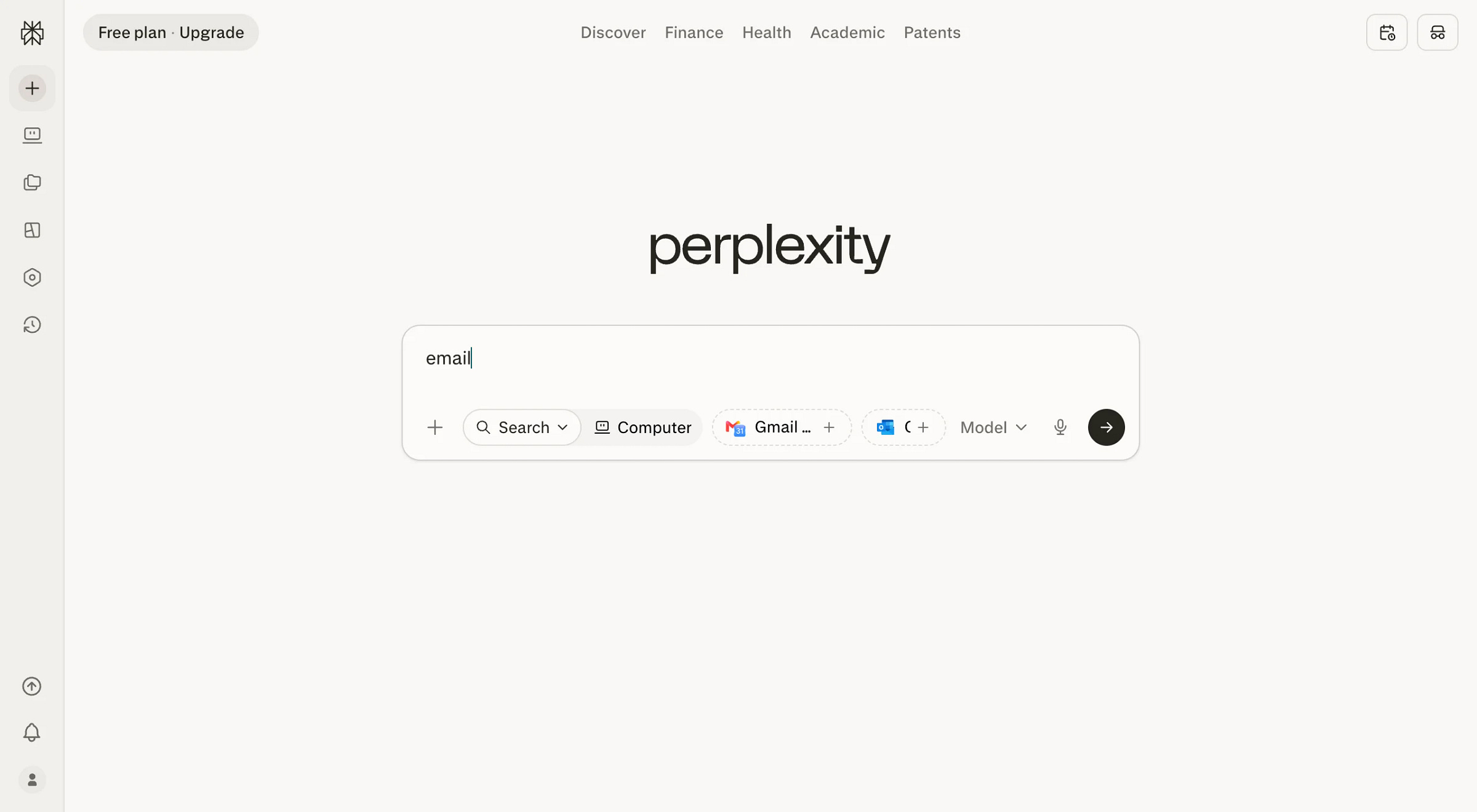 Perplexity composer showing Gmail and Outlook connector chips