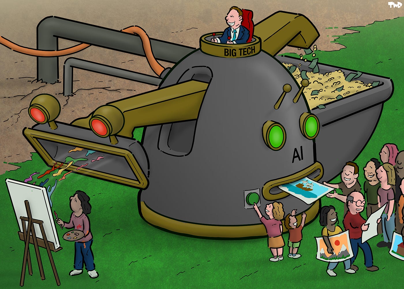 Cartoon showing a robotic vacuum cleaner, controlled by a man in a suit labeled 'big tech'. The vacuum hose is sucking the paint from a canvas while the artist stands helplessly by. The side of the vacuum cleaner is a robot head that is spitting out image after generated image to a line of happy people waiting for their turn. Behind the man in the suit, a pipe is spitting out money into a giant bin.