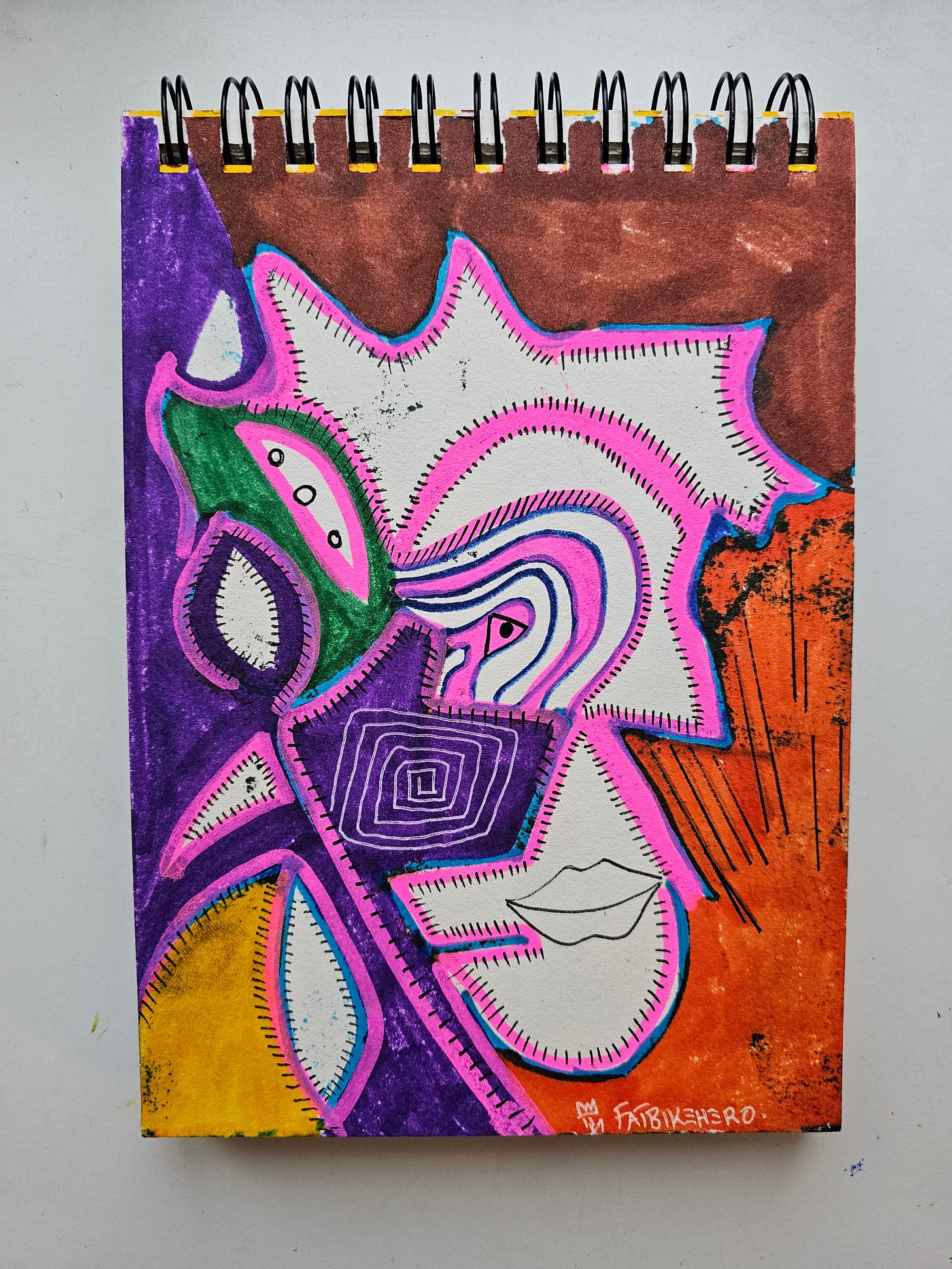 Alt Text: An abstract, neo-expressionist portrait by FatbikeHero featuring a fragmented face with a spiral eye and stitched outlines in neon pink, purple, and green against a rust-colored background.