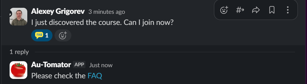 Slack screenshot: someone reacts to a question with the :faq: emoji, and the only response is Au-Tomator posting a static 'Please check the FAQ' link