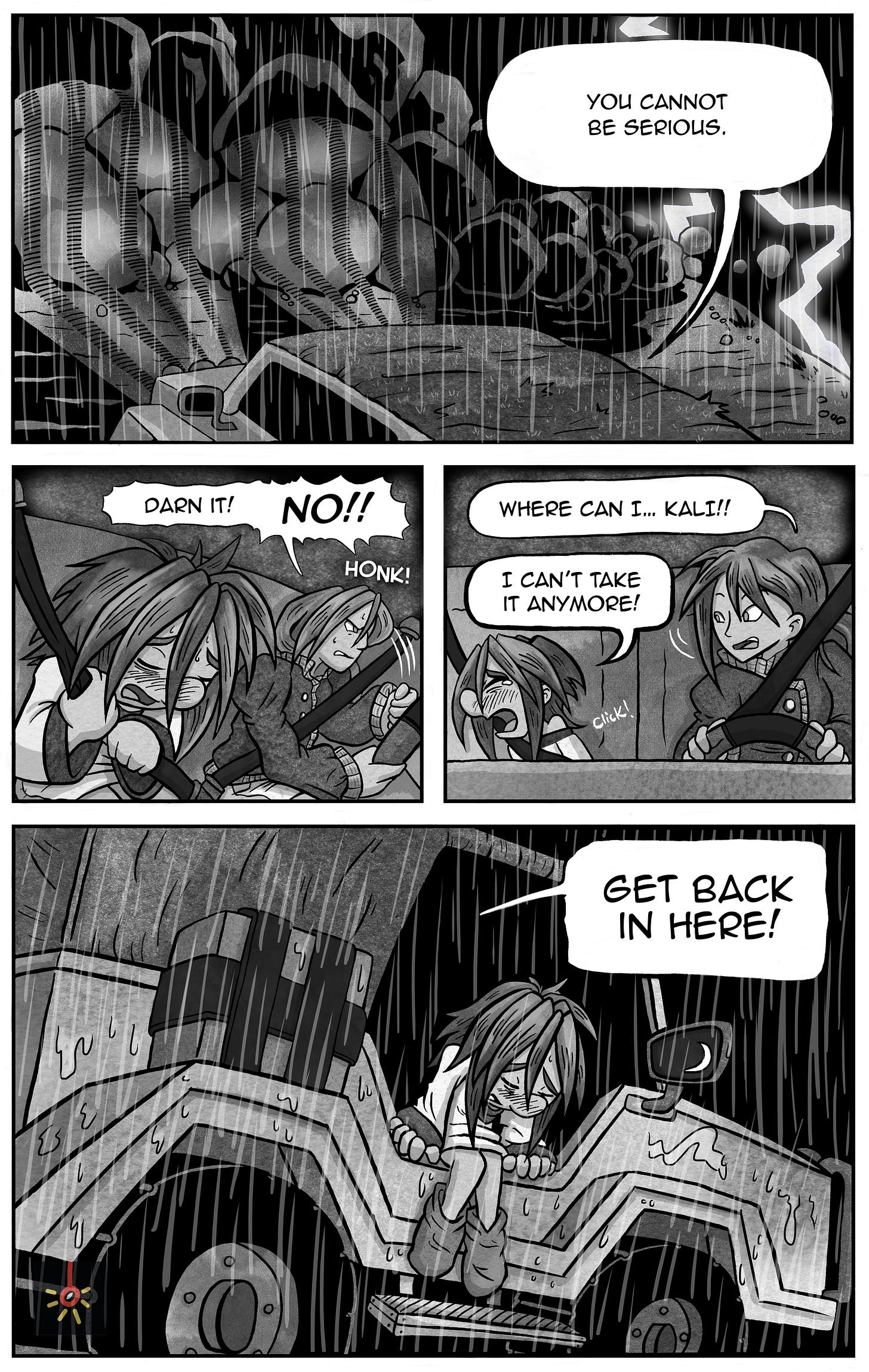 A boulder lands in the middle of the road, blocking the vehicle’s path. Kali’s mom expresses disbelief while trying to manage the situation. Kali, overwhelmed, unbuckles herself and gets out into the rain. Her mother yells for her to get back inside as she sits on the back of the vehicle, visibly upset. A boulder lands in the middle of the road, blocking the vehicle’s path. Kali’s mom expresses disbelief while trying to manage the situation. Kali, overwhelmed, unbuckles herself and gets out into the rain. Her mother yells for her to get back inside as she sits on the back of the vehicle, visibly upset.
