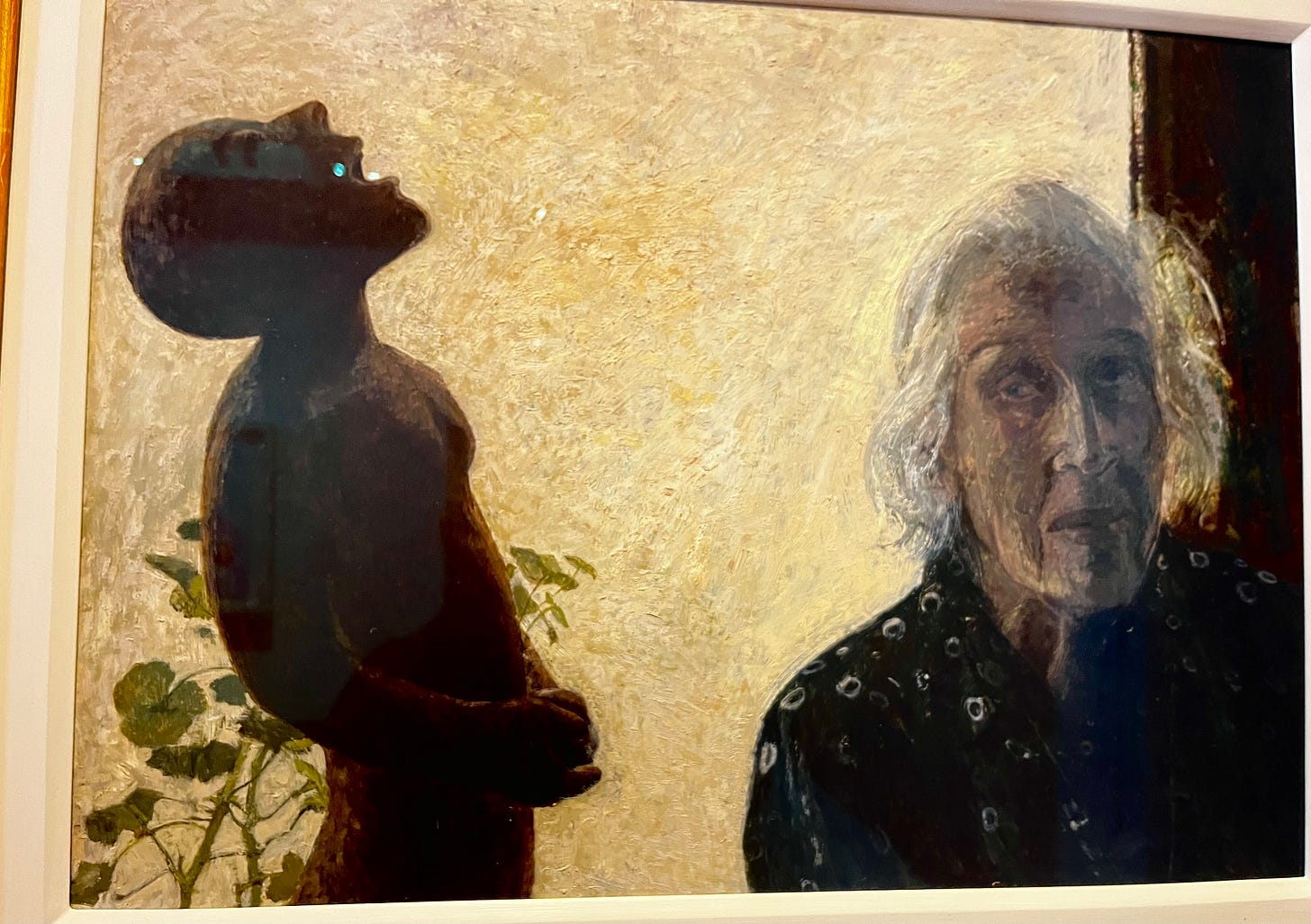 elderly woman listening to a naked, androgynous figure behind her