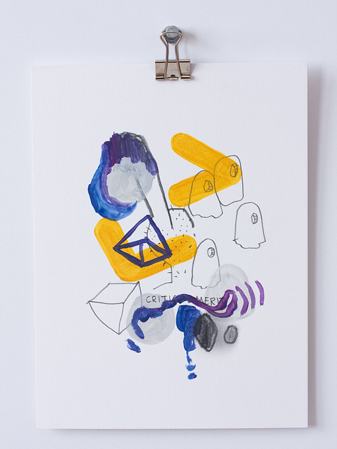 Six small paintings on paper in graphite, yellow, blue and gold.