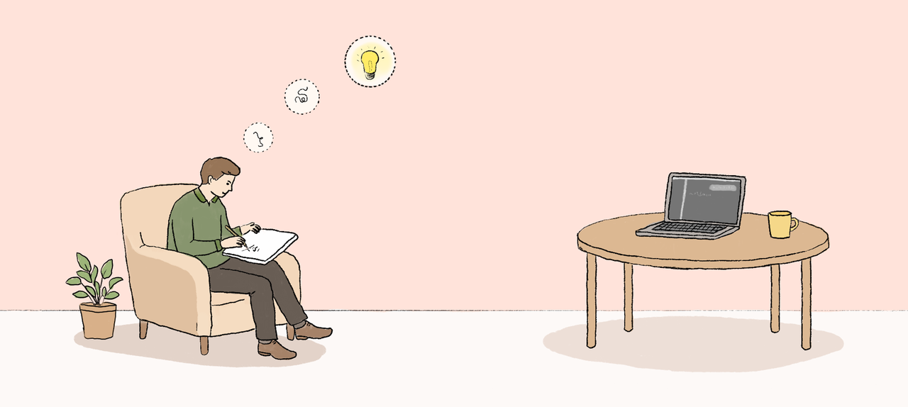 A person sits in an armchair and writes in a notebook, with speech bubbles showing indefinite strokes and then a lightbulb. Nearby, a table with a laptop showing an LLM chatbot interface and a cup. A person sits in an armchair and writes in a notebook, with speech bubbles showing indefinite strokes and then a lightbulb. Nearby, a table with a laptop showing an LLM chatbot interface and a cup.