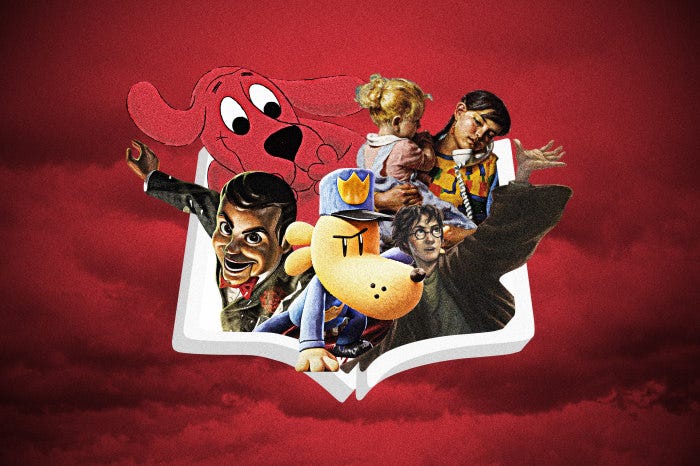 Illustration of children's book characters emerging from an open book.