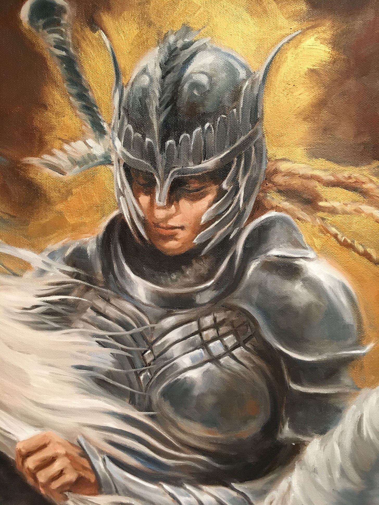 A Valkyrie in detailed armor, holding the white mane of her steed, with a thoughtful expression. Warm golden background enhances the scene's dramatic mood. Painting  Detail credit: Kindrie Grove