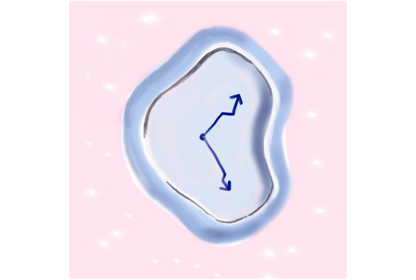A digital drawing of a wonky shaped clock on a soft pink background with white sparkle accents. 