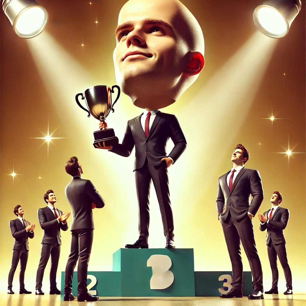 A confident person standing tall with an exaggeratedly large head, symbolizing success going to their head. The person is dressed in formal attire, holding a trophy or symbol of achievement, and standing on a pedestal above others. The background is bright and golden, with a spotlight on the individual, while others around them look smaller or overshadowed, emphasizing the sense of arrogance. The person's expression is smug, with a slightly dismissive attitude, representing how success has inflated their ego.