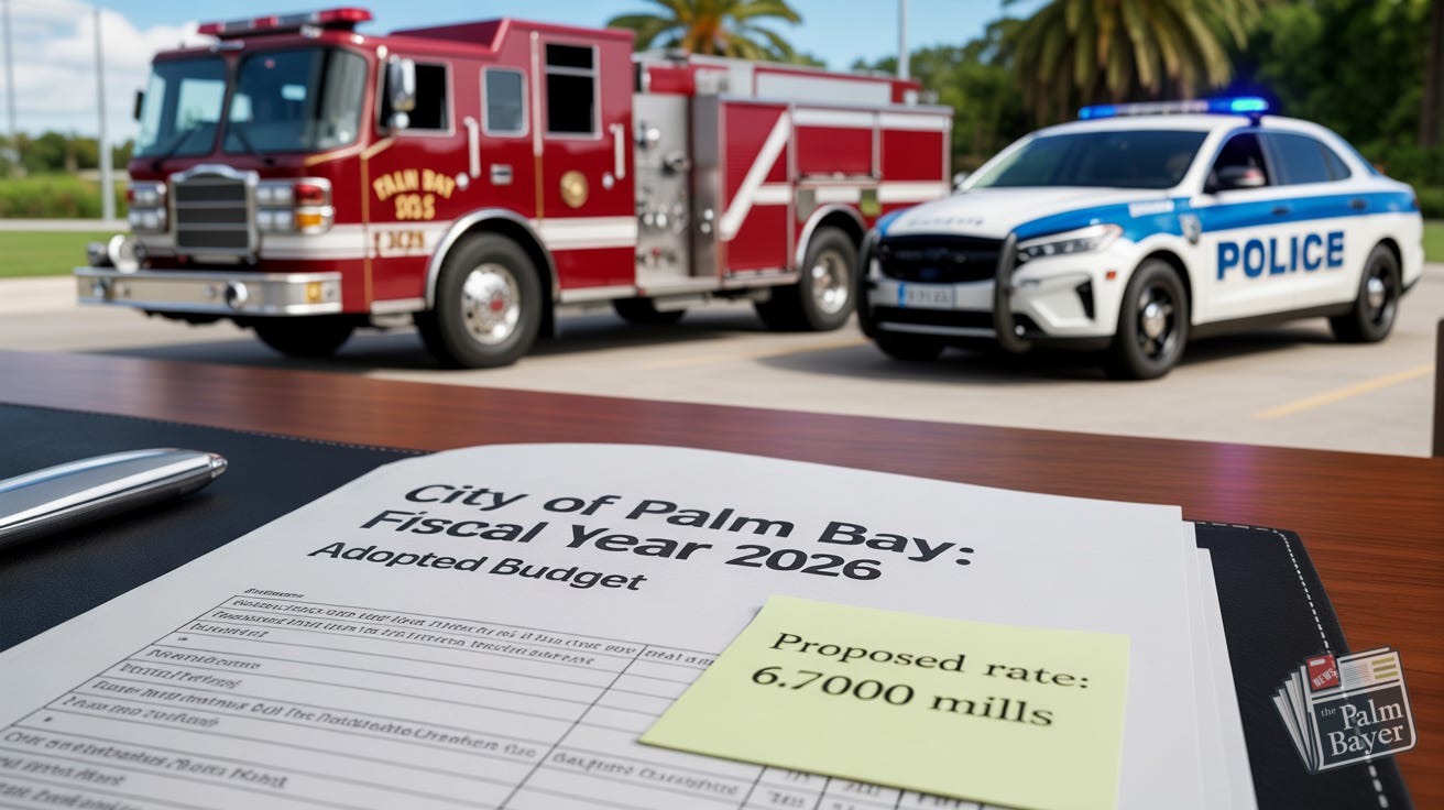 A featured image showing the FY 2026 Palm Bay budget document, which proposes a Palm Bay tax increase to fund new police cars and fire trucks, visible in the background. A featured image showing the FY 2026 Palm Bay budget document, which proposes a Palm Bay tax increase to fund new police cars and fire trucks, visible in the background.