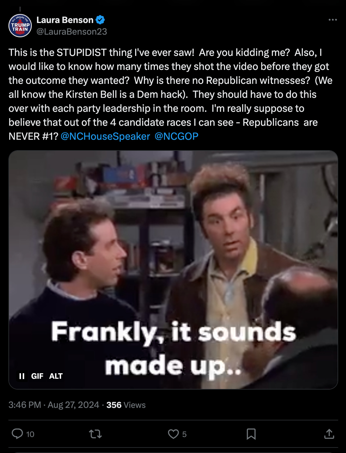 This is the STUPIDIST thing I've ever saw!  Are you kidding me?  Also, I would like to know how many times they shot the video before they got the outcome they wanted?  Why is there no Republican witnesses?  (We all know the Kirsten Bell is a Dem hack).  They should have to do this over with each party leadership in the room.  I'm really suppose to believe that out of the 4 candidate races I can see - Republicans  are NEVER #1?  @NCHouseSpeaker    @NCGOP