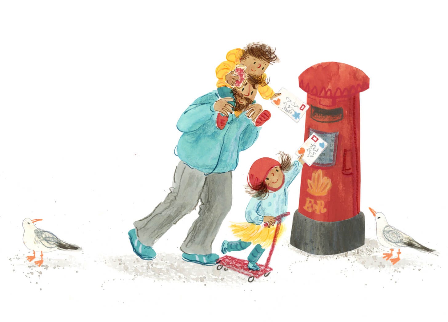 Watercolour and collage illustration of a dad with small boy on his shoulders and a young girl on a scooter posting handwritten letters into a red postbox watched by two seagulls