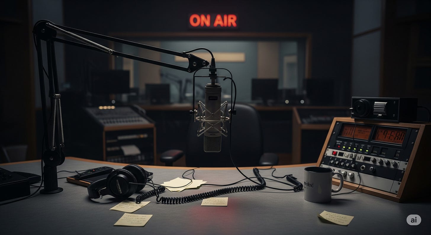 A wide, dimly lit shot of an empty radio broadcast studio, viewed from behind the main desk. In the foreground, a professional microphone on a boom arm hangs over the desk, which has coiled headphones, a coffee mug, and scattered notes on it. In the background, an "ON AIR" sign is visible but unlit. A wide, dimly lit shot of an empty radio broadcast studio, viewed from behind the main desk. In the foreground, a professional microphone on a boom arm hangs over the desk, which has coiled headphones, a coffee mug, and scattered notes on it. In the background, an "ON AIR" sign is visible but unlit.