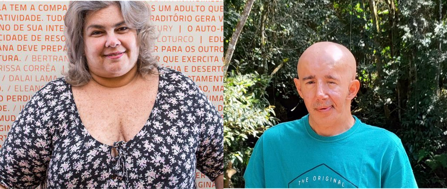 Franciele é uma mulher branca de cabelos grisalhos até os ombros. Ela usa uma roupa preta com estampas brancas. Ao fundo, parede branca com letras na cor laranja. Everton é homem branco e careca. Ele usa camiseta verde azulada. Ao fundo, árvores.