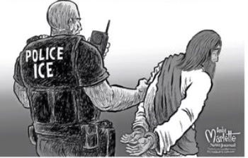 An ICE police agent wearing riot gear handcuffs a bent person with beard, long hair and robe that looks like the biblical figure Jesus. 